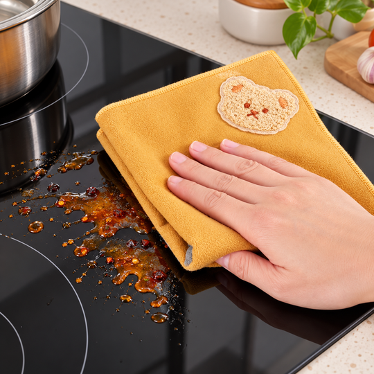Cleaning cloth wiping a cooktop