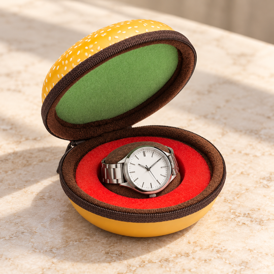 Open watch case on a dressing table with demonstration watch