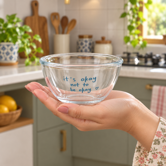 Cute Quote Glass Snack Bowl shown in hand