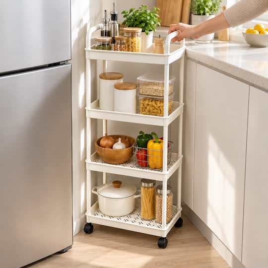 EasyGlide Storage Trolley moving into a narrow kitchen space