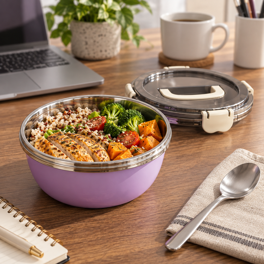 Lilac Everyday Snap Lid Bowl at an office lunch setting