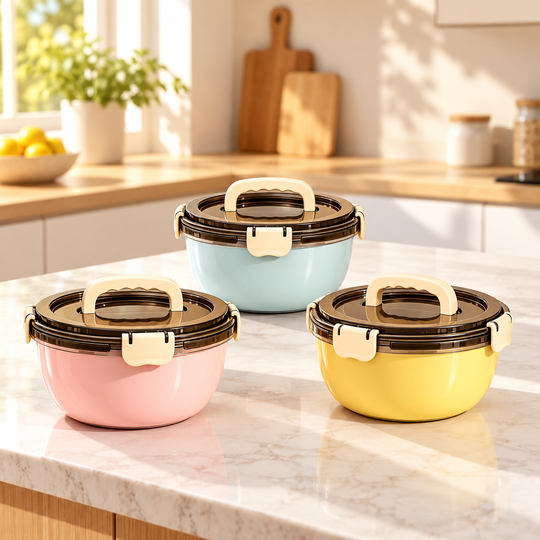 Lock Lid Food Bowl colour options in a kitchen