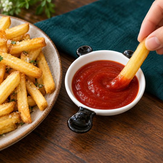 French fry dipped in sauce beside Panda Dip Bowl