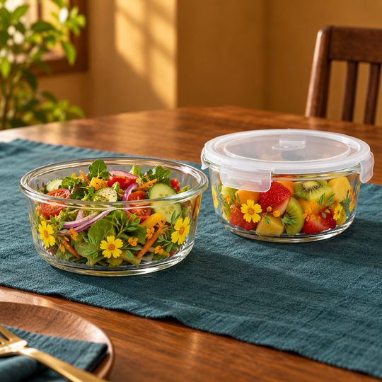 SunBloom glass containers on a dining table
