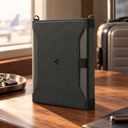 Passport travel organizer in an airport setting