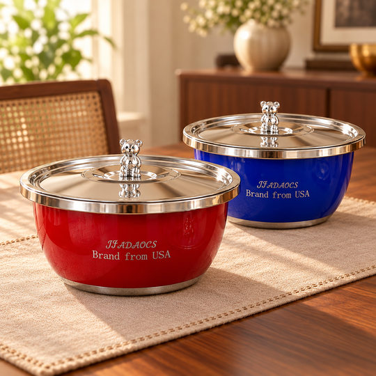 BearKnob Lidded Serving Bowl in red and blue with lids
