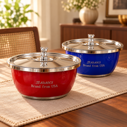BearKnob Lidded Serving Bowl in red and blue with lids