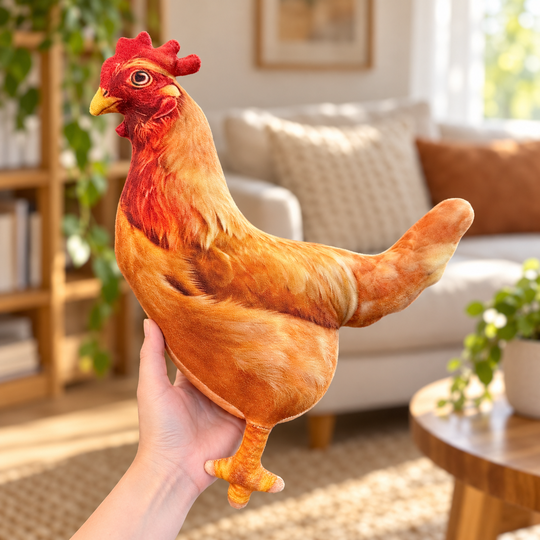 Compact Hen Plush Pillow held in one hand