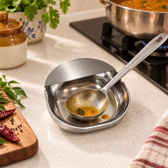 Ladle resting in stainless steel kitchen utensil rest