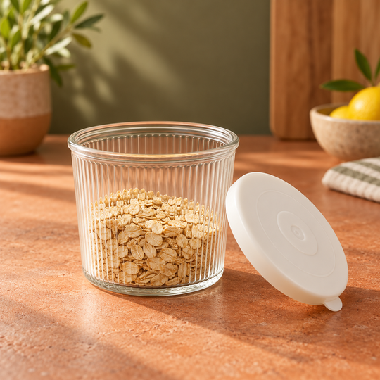Ribbed Glass Storage Jar open with removable lid