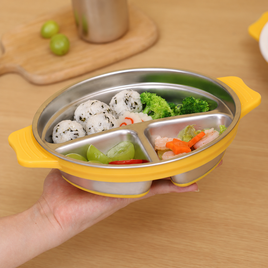 Three-section steel lunch box with meal