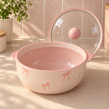 Pink Bow Serving Bowl open with matching glass lid