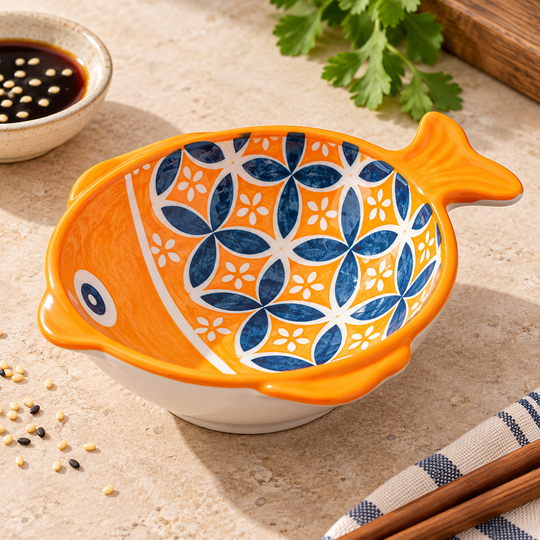 Orange fish ceramic serving bowl detail