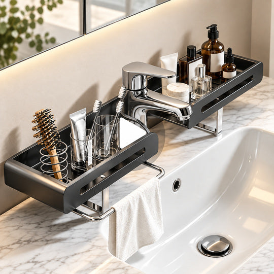 Extendable Faucet Organizer holding bathroom essentials