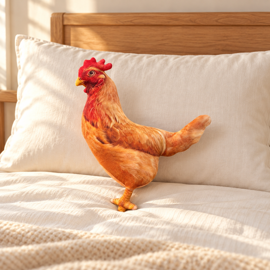 Hen Plush Pillow on a bed