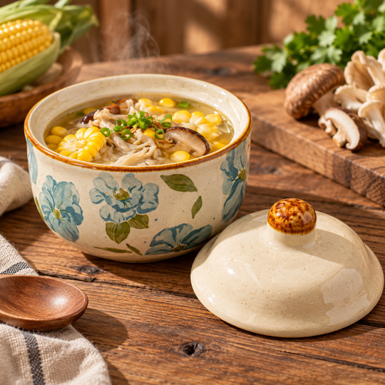 Blue floral serving bowl with warm soup