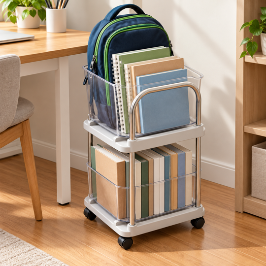 Rolling organizer with books and bag