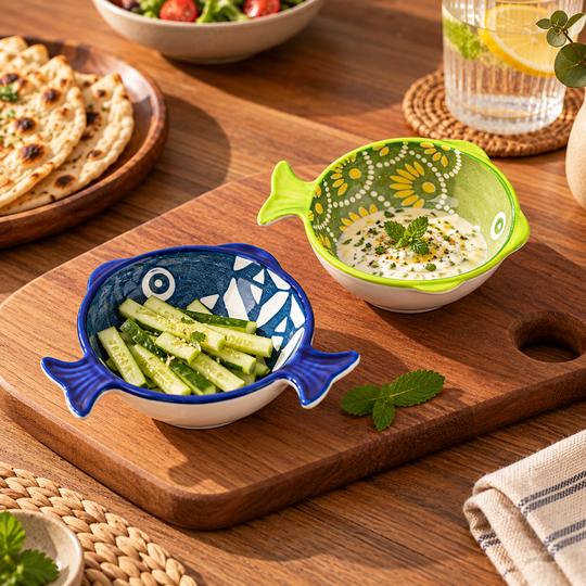 Fish ceramic bowls serving dip and cucumber