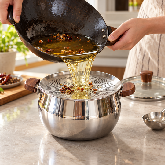 Cooking oil being filtered into Oil Filter Pot