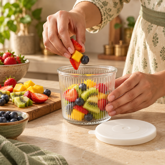 Ribbed Glass Storage Jar being filled with fruit