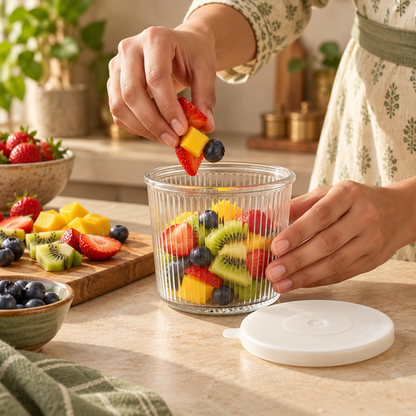 Ribbed Glass Storage Jar being filled with fruit