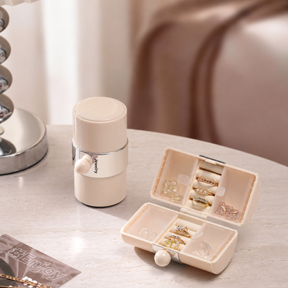 Cream Mini Jewelry Travel Case open and closed on a table