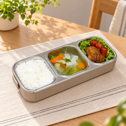 Open 3-Compartment Steel Lunch Box with separated meal