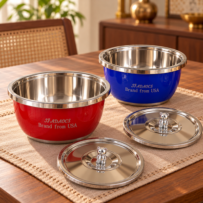 Open BearKnob serving bowls showing stainless steel interiors