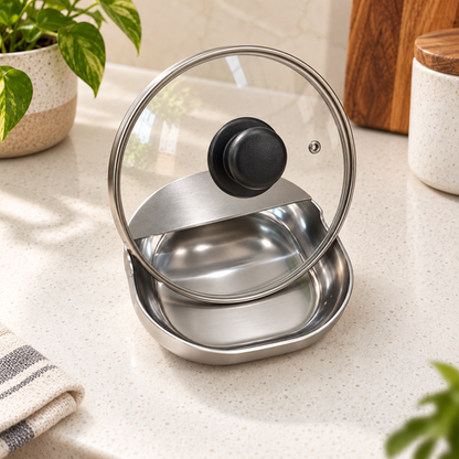Pot lid supported by stainless steel kitchen utensil rest