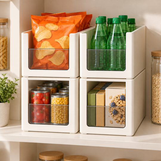 Stackable pantry organization for packets bottles cans and boxes