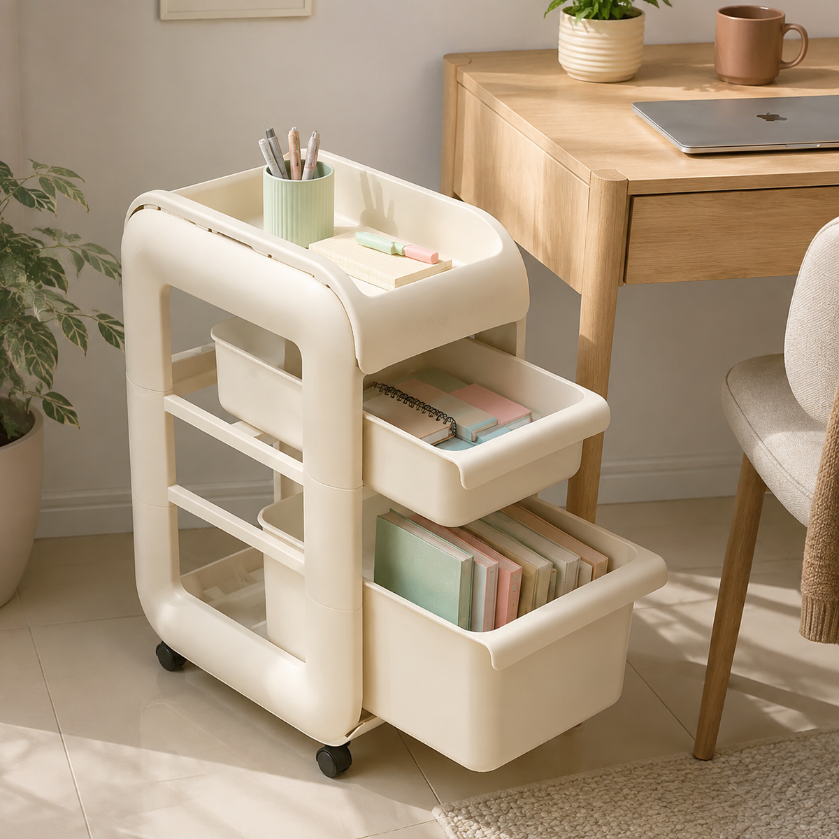 Rolling trolley organizing books and stationery