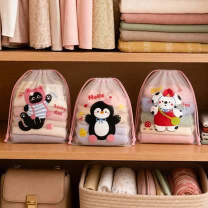 Character organizers on a wardrobe shelf
