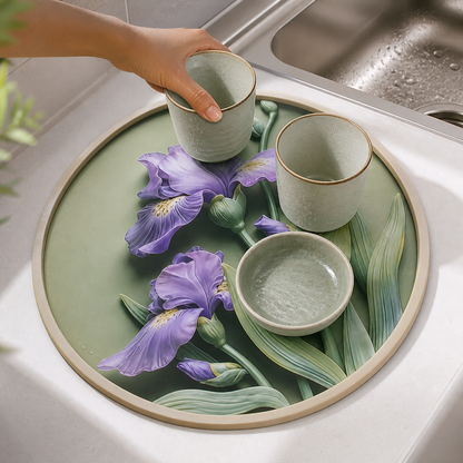 Iris Bloom kitchen counter mat holding rinsed crockery
