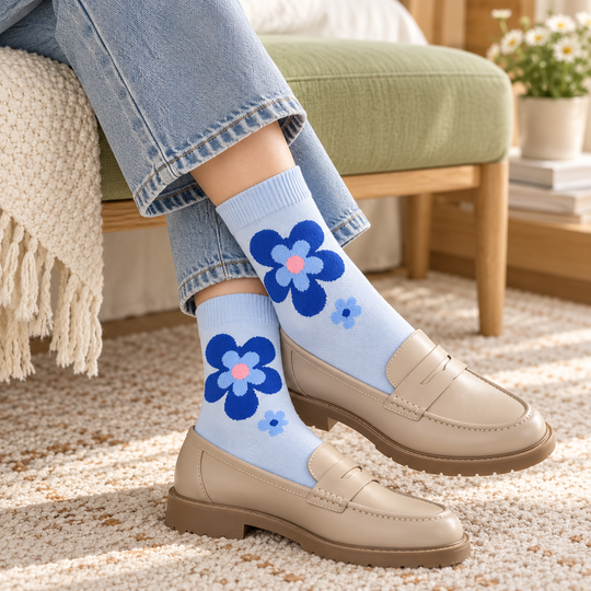 CozyBloom Floral Socks blue floral pair