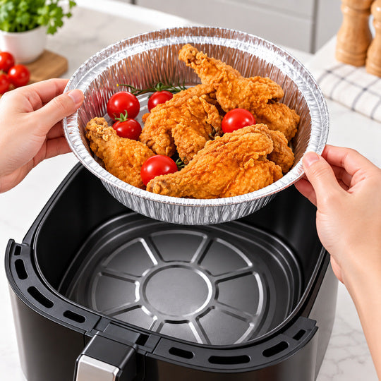 Hands lifting a cooked meal in the foil bowl