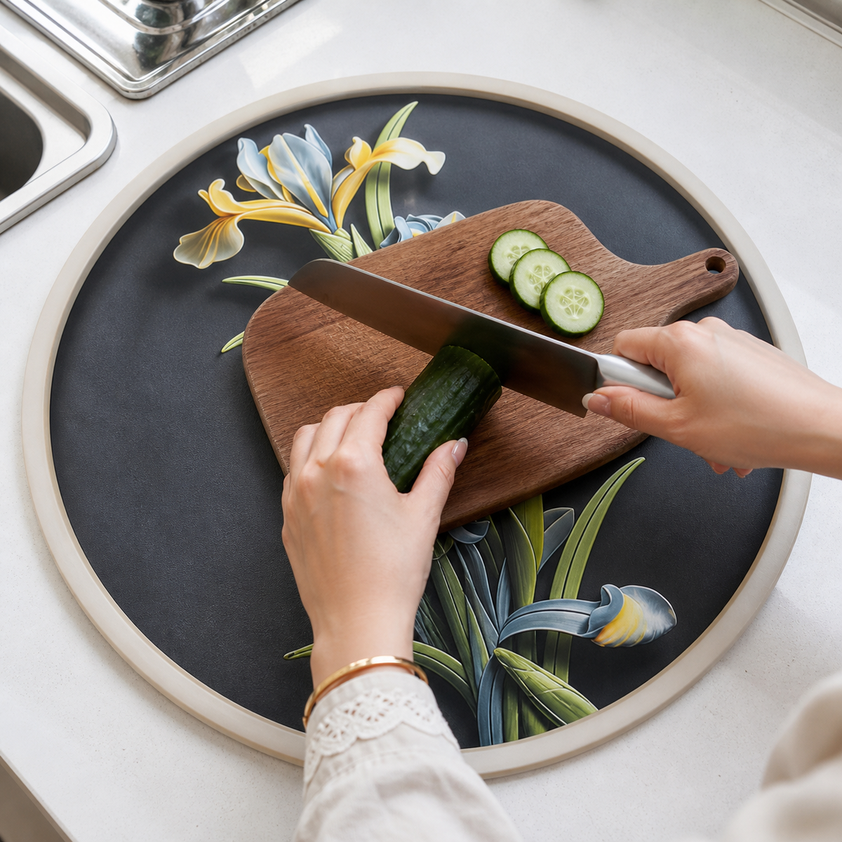 Iris Bloom kitchen counter mat supporting a chopping board