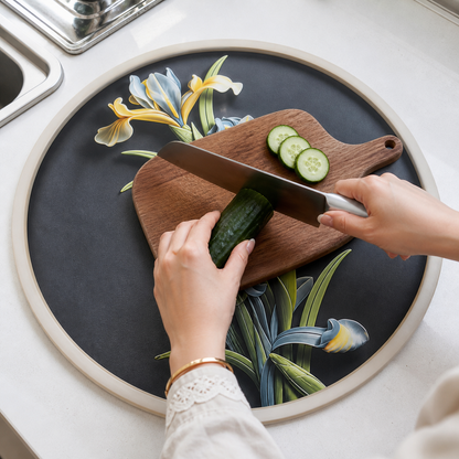 Iris Bloom kitchen counter mat supporting a chopping board