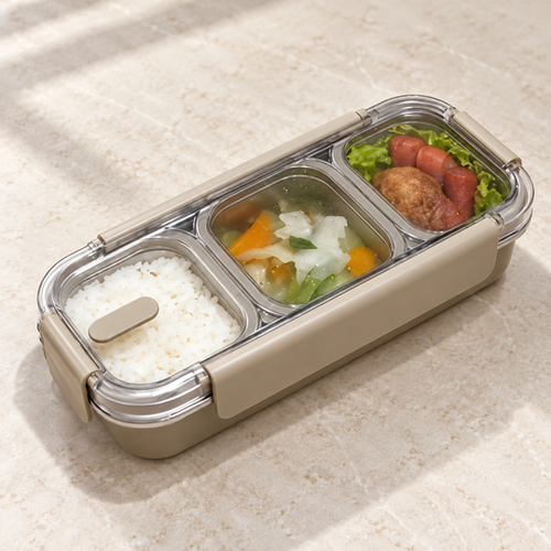 Closed 3-Compartment Steel Lunch Box with transparent lid
