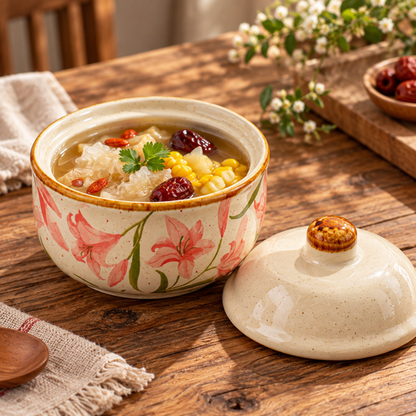 Pink floral serving bowl with warm soup