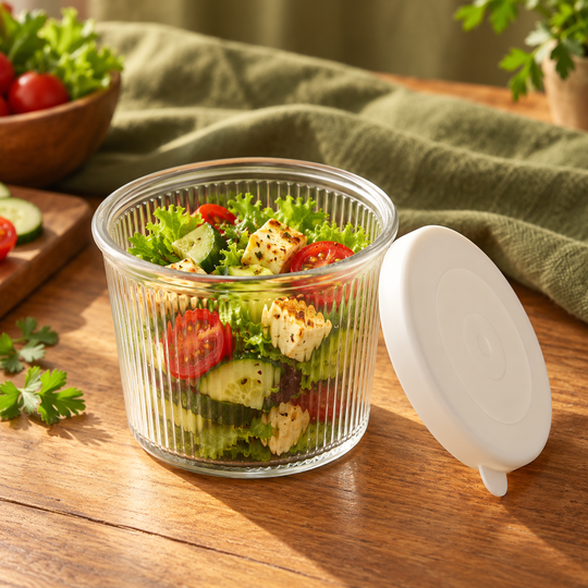 Ribbed Glass Storage Jar holding salad