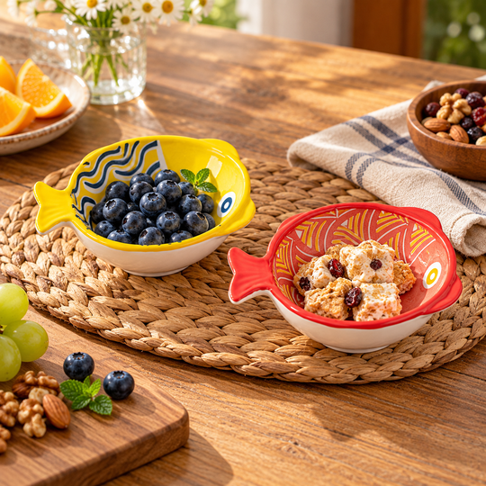 Fish ceramic bowls serving fruit and snacks