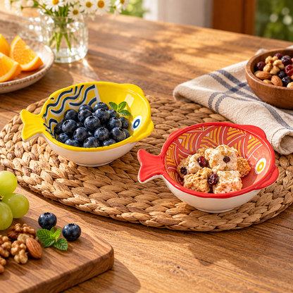 Fish ceramic bowls serving fruit and snacks