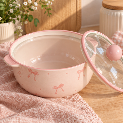 Pink Bow Serving Bowl ceramic and lid detail