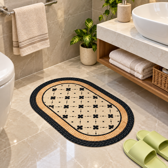 Oval floral mat in guest bathroom