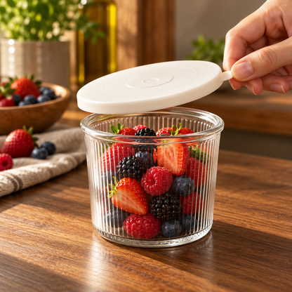 Ribbed Glass Storage Jar pull-tab lid access