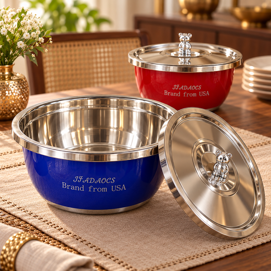 BearKnob blue serving bowl with stainless steel lid detail