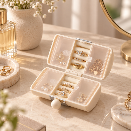 Cream Mini Jewelry Travel Case organised on a vanity