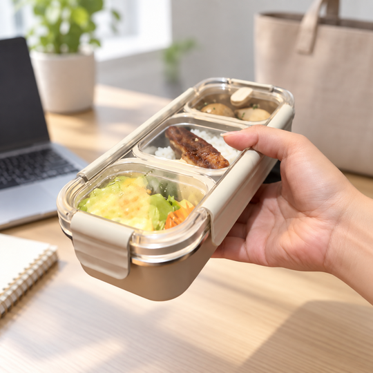 3-Compartment Steel Lunch Box in an office setting