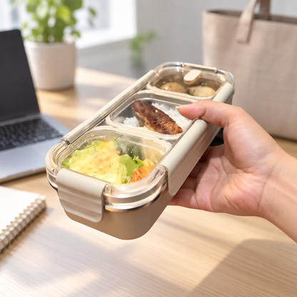 3-Compartment Steel Lunch Box in an office setting