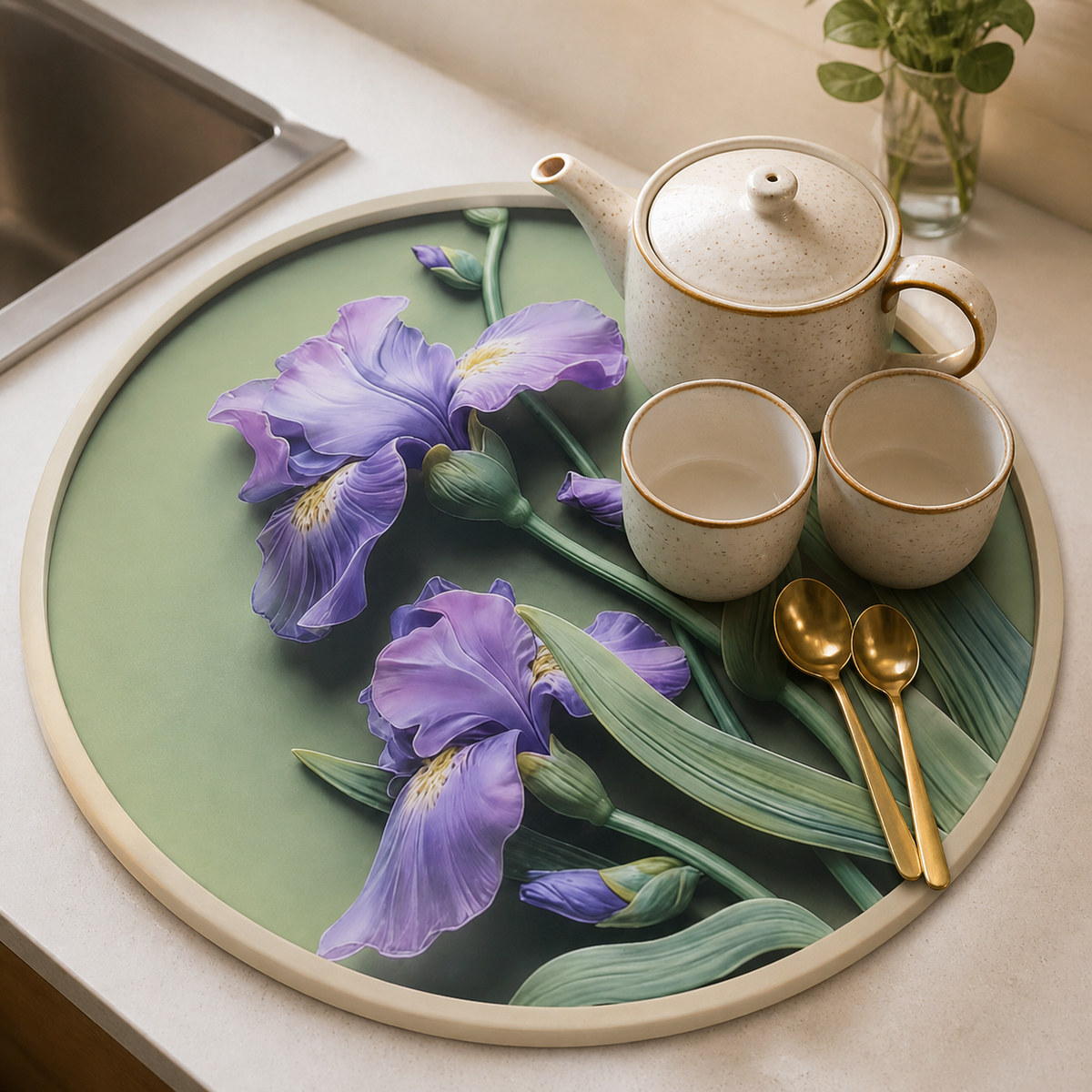 Iris Bloom kitchen counter mat organizing tea service